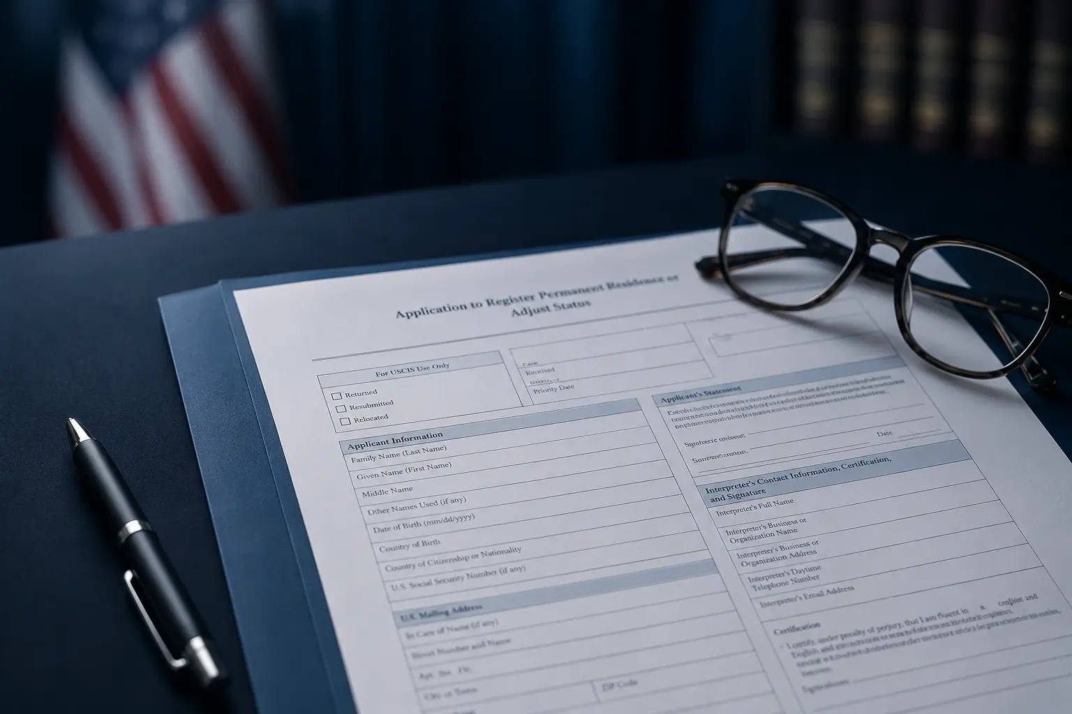 Immigration form I-485 for adjustment of status on a desk with reading glasses and a pen