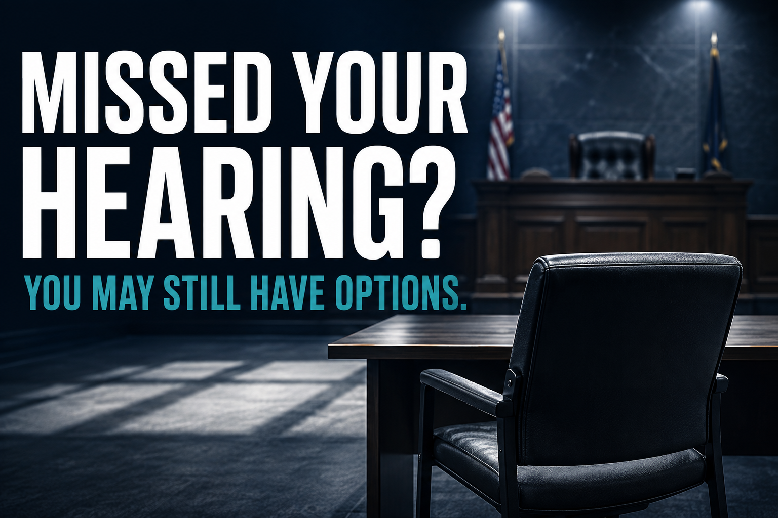 Empty immigration courtroom with a judge's bench and an unoccupied respondent chair
