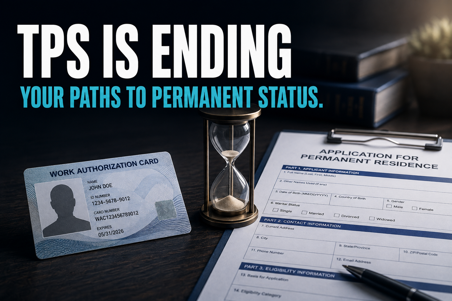 Expiring work permit card next to a green card application on a desk