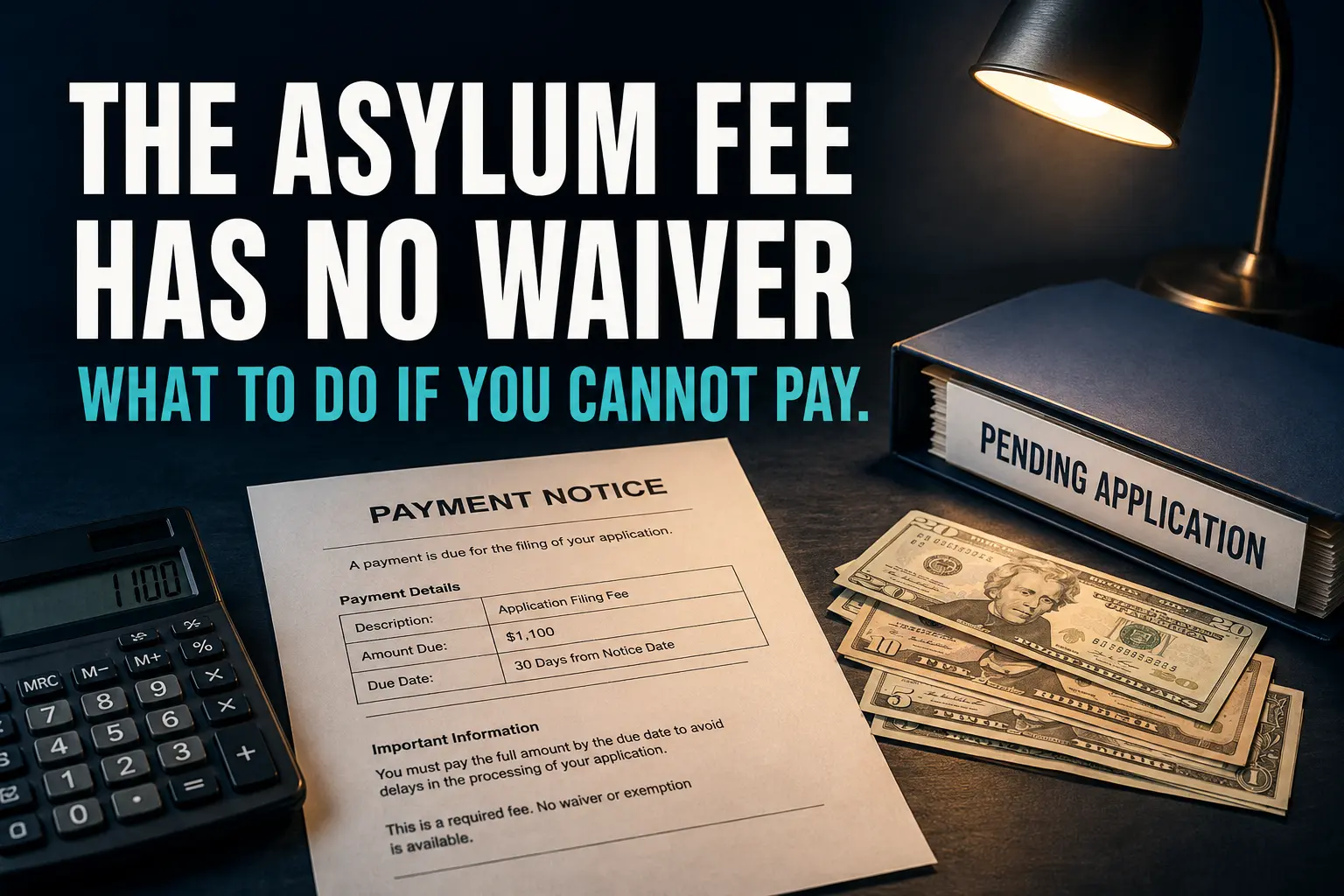 Payment notice for the annual asylum fee next to a calculator and a pending application folder