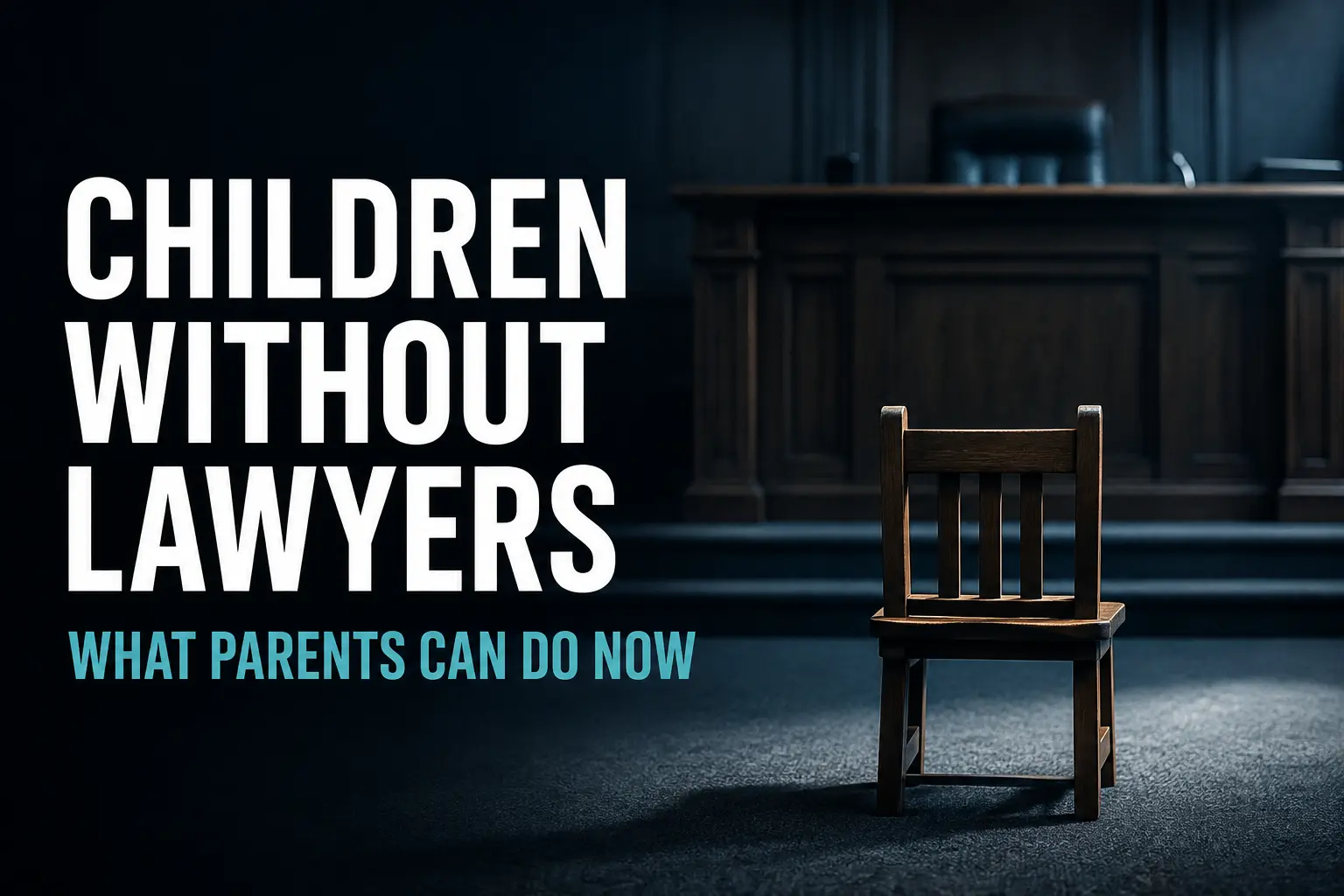 Empty child-sized chair facing a judge's bench in a courtroom