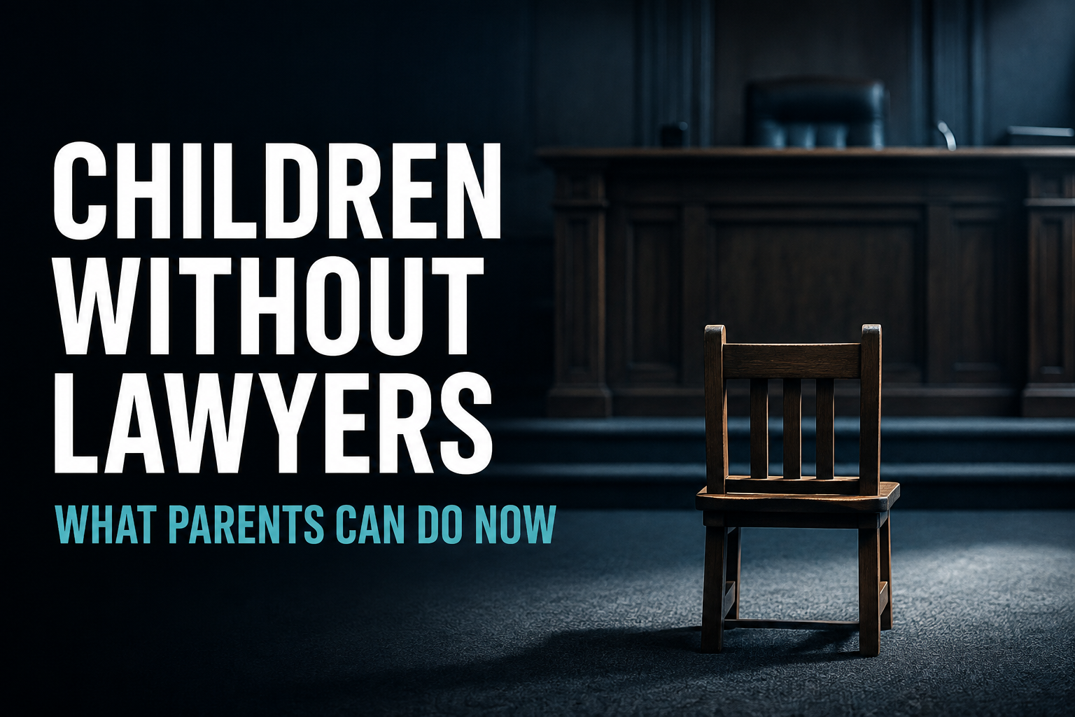 Empty child-sized chair facing a judge's bench in a courtroom