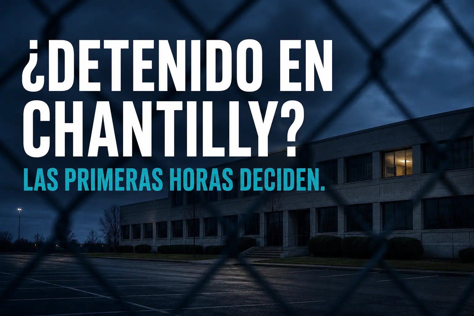 Vista exterior de un edificio de oficinas federal al anochecer con un estacionamiento vacío