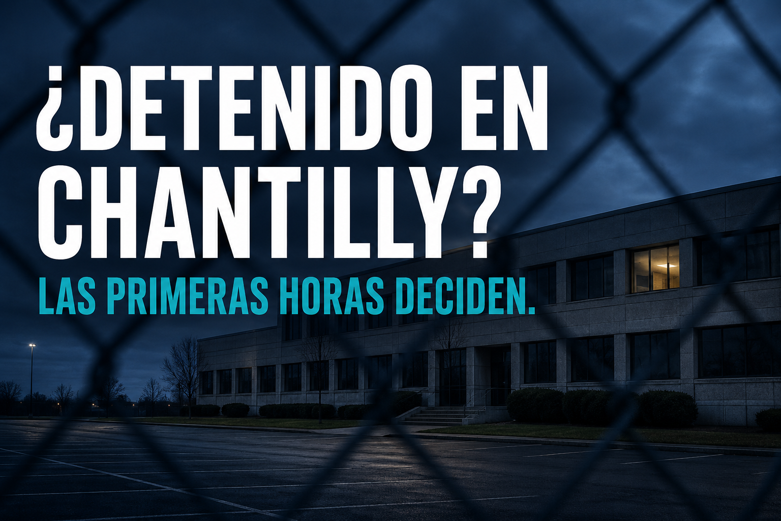 Vista exterior de un edificio de oficinas federal al anochecer con un estacionamiento vacío