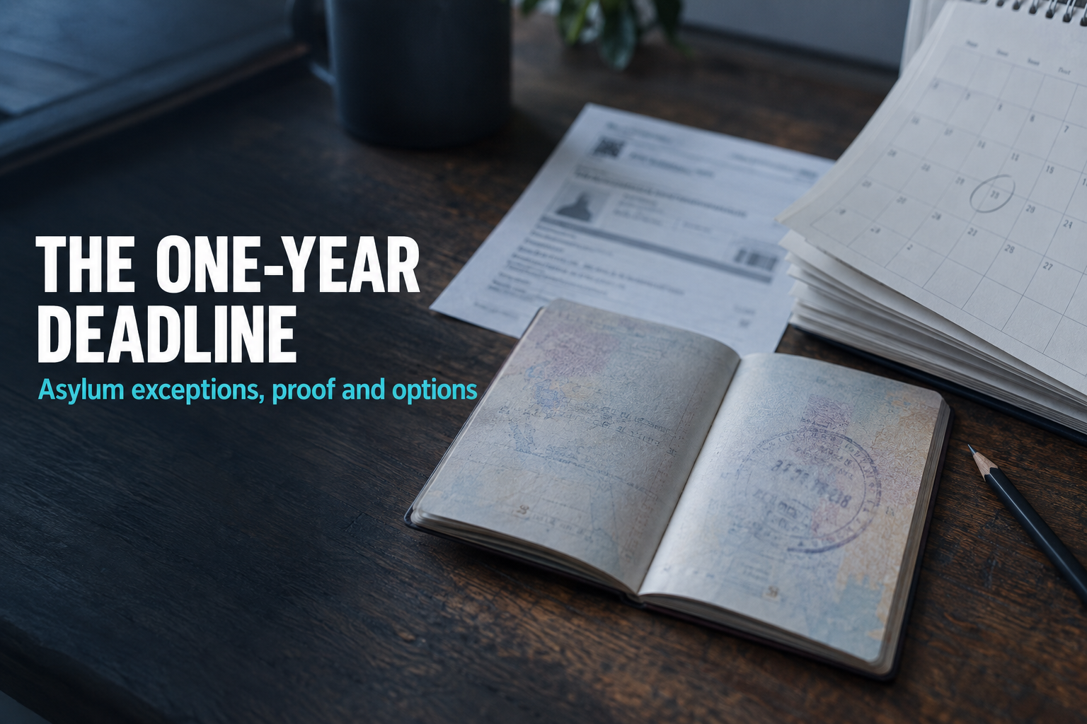 One-year asylum filing deadline: passport, arrival record and calendar on a desk