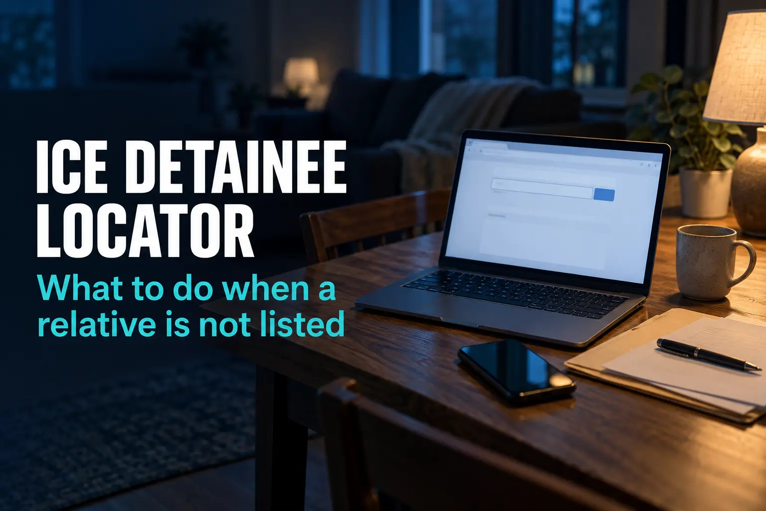 ICE detainee locator showing no results on a laptop